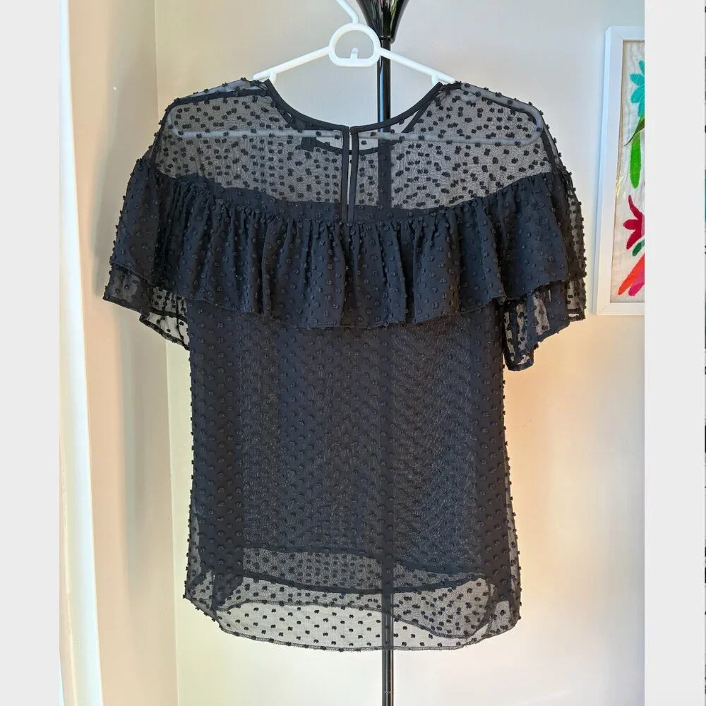 J. Crew Black Silk-Blend Ruffle Polka Dot Blouse - Size 0